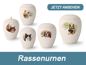 Hunderassen auf cremefarbiger Urne mit handbemaltem Motiv, günstig kaufen bei tierurnen-profi.de