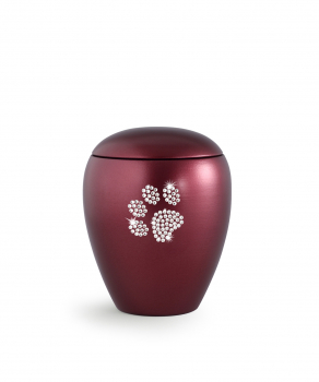 Pet Urn Crystal with Crystal Paw Color: Pearl Red Wine with/without Memorial Light 2 different sizes
